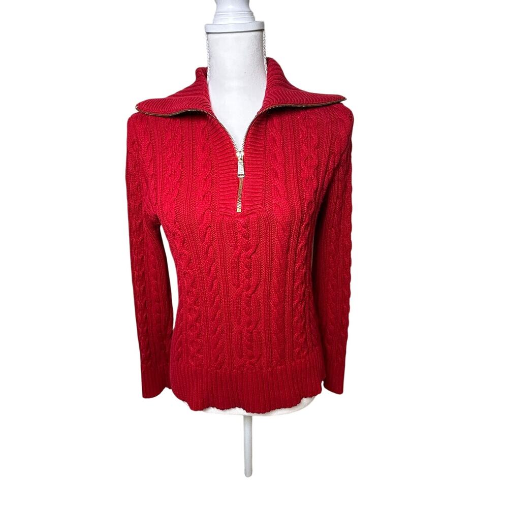 Lauren Ralph Lauren women's red cotton cable knit 1/2 gold zip vintage sweater M